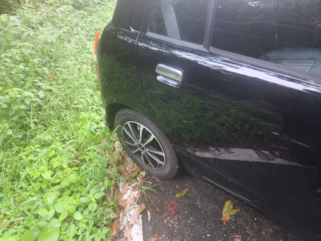 石切り場へ向かう道の縁。車を寄せた先に、白っぽい石の破片が転がっていた