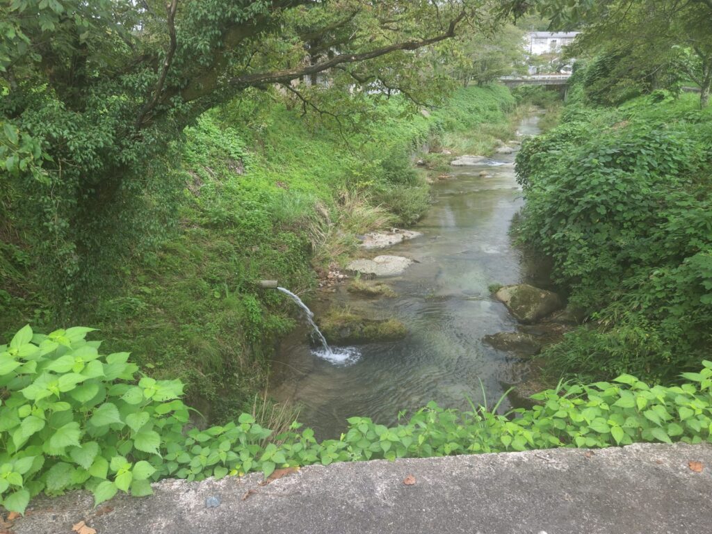 橋の上から下流側。川底に大きな岩が転がり、両岸は石垣